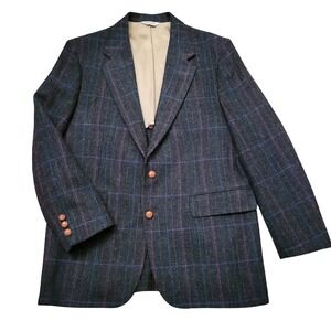 Wall Street 42R Blazer Grey Wool Plaid Windowpane Sport Coat USA Preppy Academia